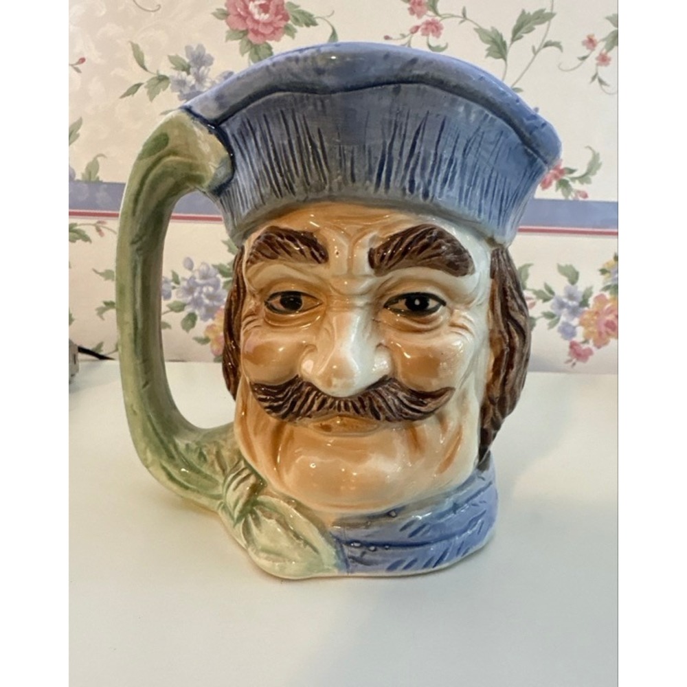 Vintage Japan Ceramic Toby Character Jug Fisherman Sailor‎ Blue Hat Green Handle
